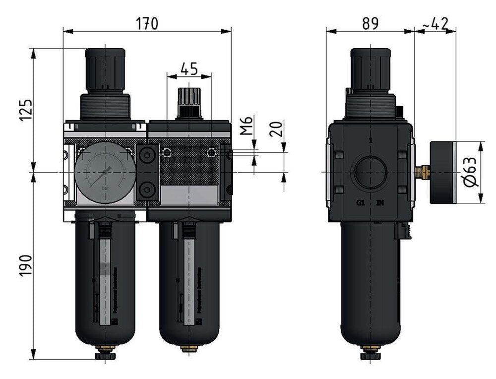 FRL 2 Partes G3/4'' 12000l/min 0.5-10.0bar/7-145psi Semi-Automático Policarbonato Multifix 4