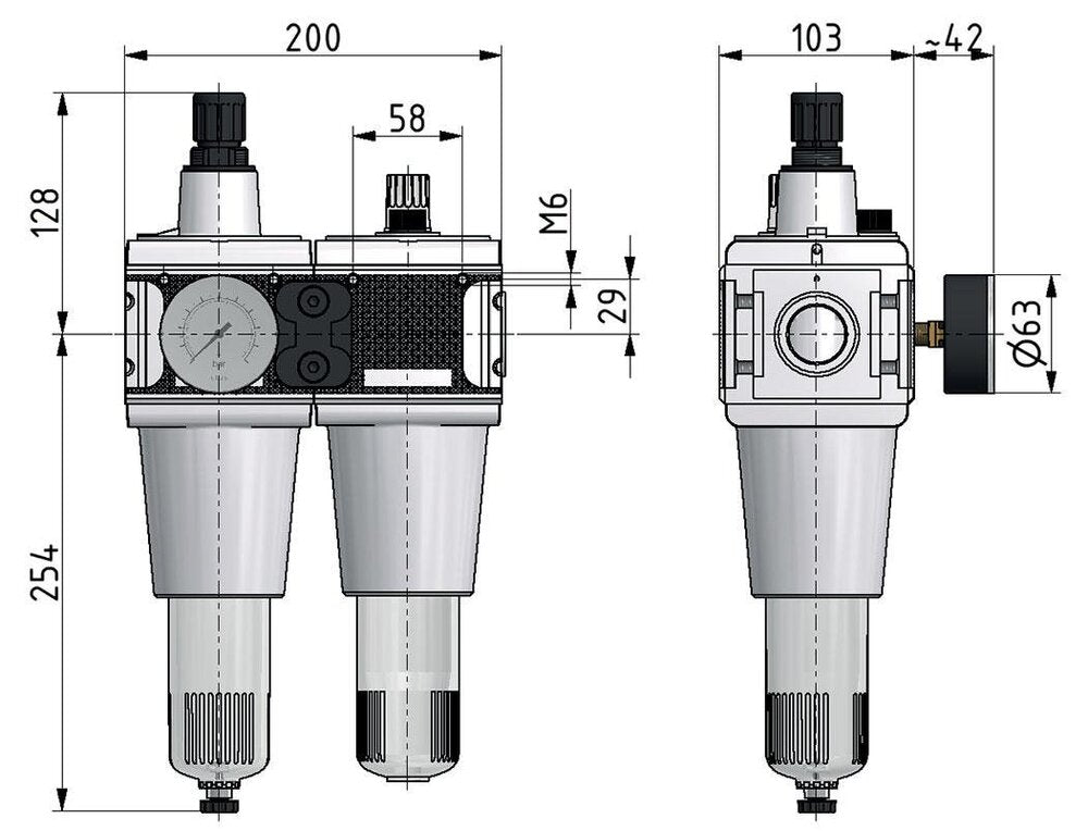 FRL G1'' 13500l/min 0,5-16,0bar/7-232psi Jaula de protección Multifix 5