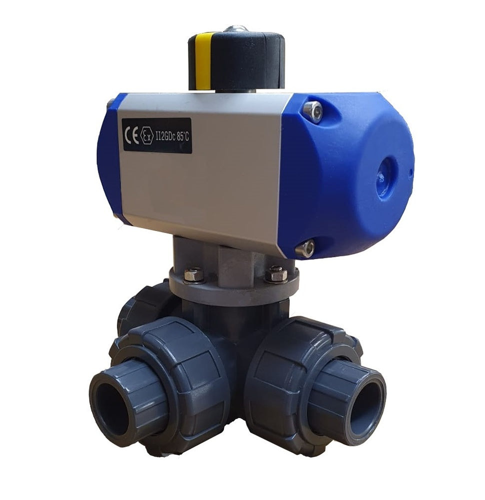 G1-1/4 pulgadas Paso en T Válvula de bola neumática de PVC de 3 vías y doble efecto PTFE
