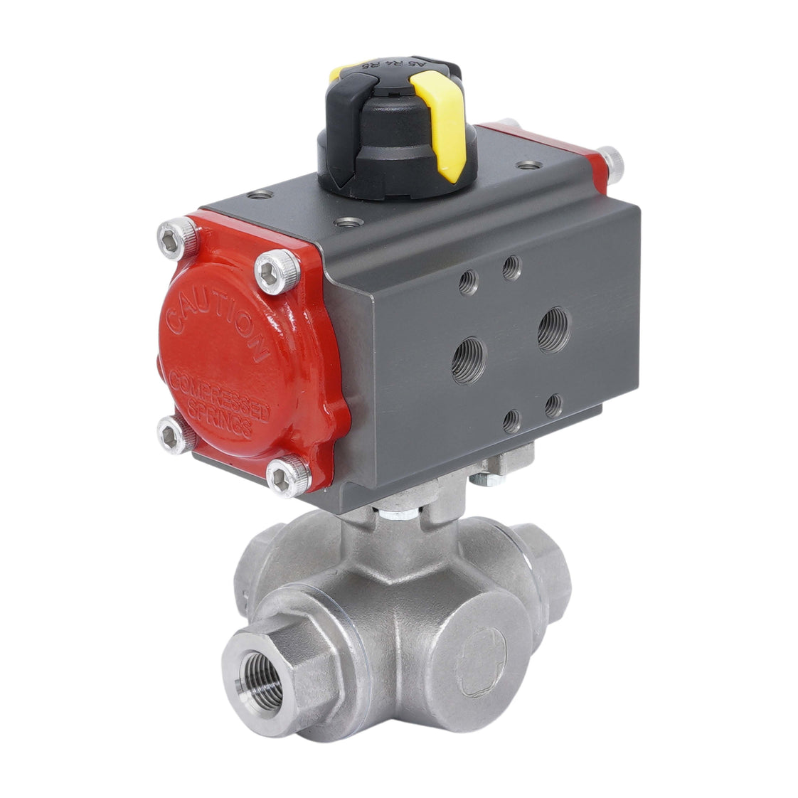 Válvula de Bola de Acero Inoxidable Neumática 3 Vías T-Port Rp 1-1/2'' Apertura por Resorte