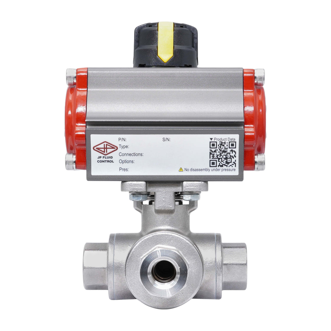Válvula de Bola Neumática de Acero Inoxidable 3 Vías Rp 1-1/2'' L-Port Cierre por Resorte