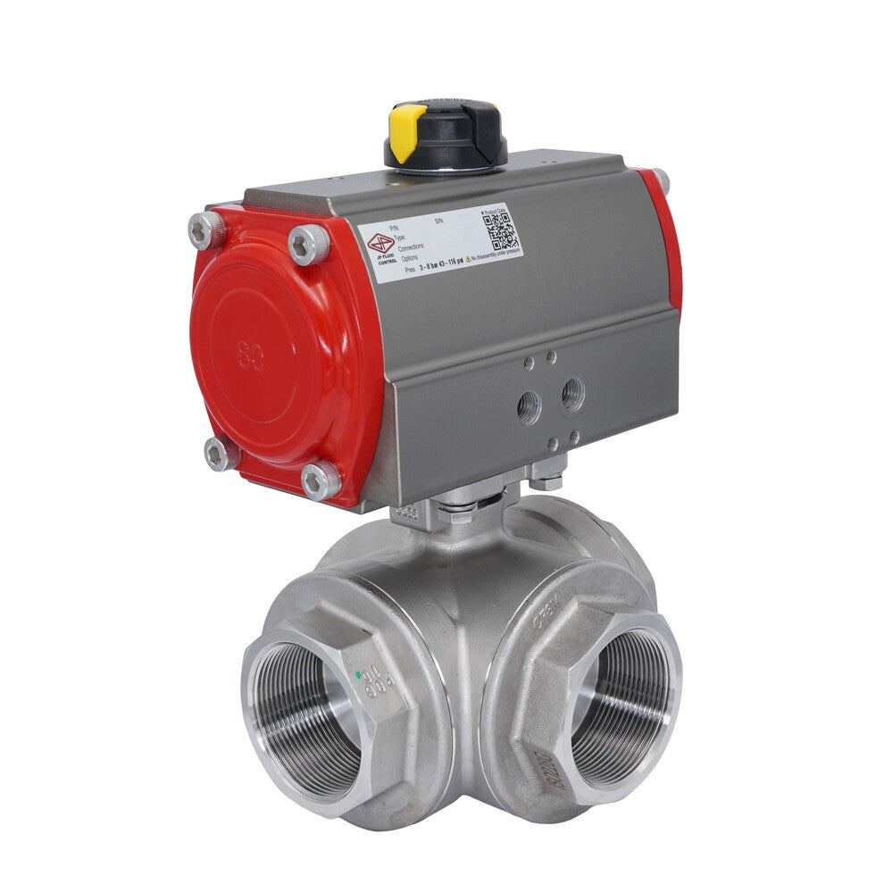 3-Way Pneumatic Ball Valve G1 1/4'' L-bore Stainless Steel Double Acting