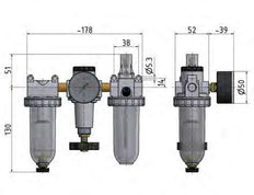 FRL 3 Partes G1/4'' 600l/min 0.5-10.0bar/7-145psi Semi-Automático Policarbonato Estándar 1