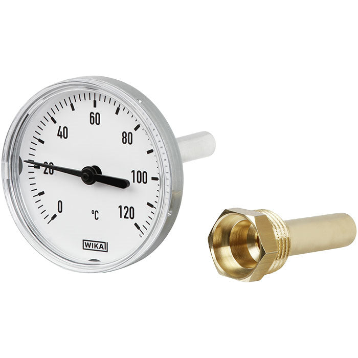 0 a +60°C Termómetro bimetálico de aluminio Gabinete de 63mm Vástago de 60mm con termopozo